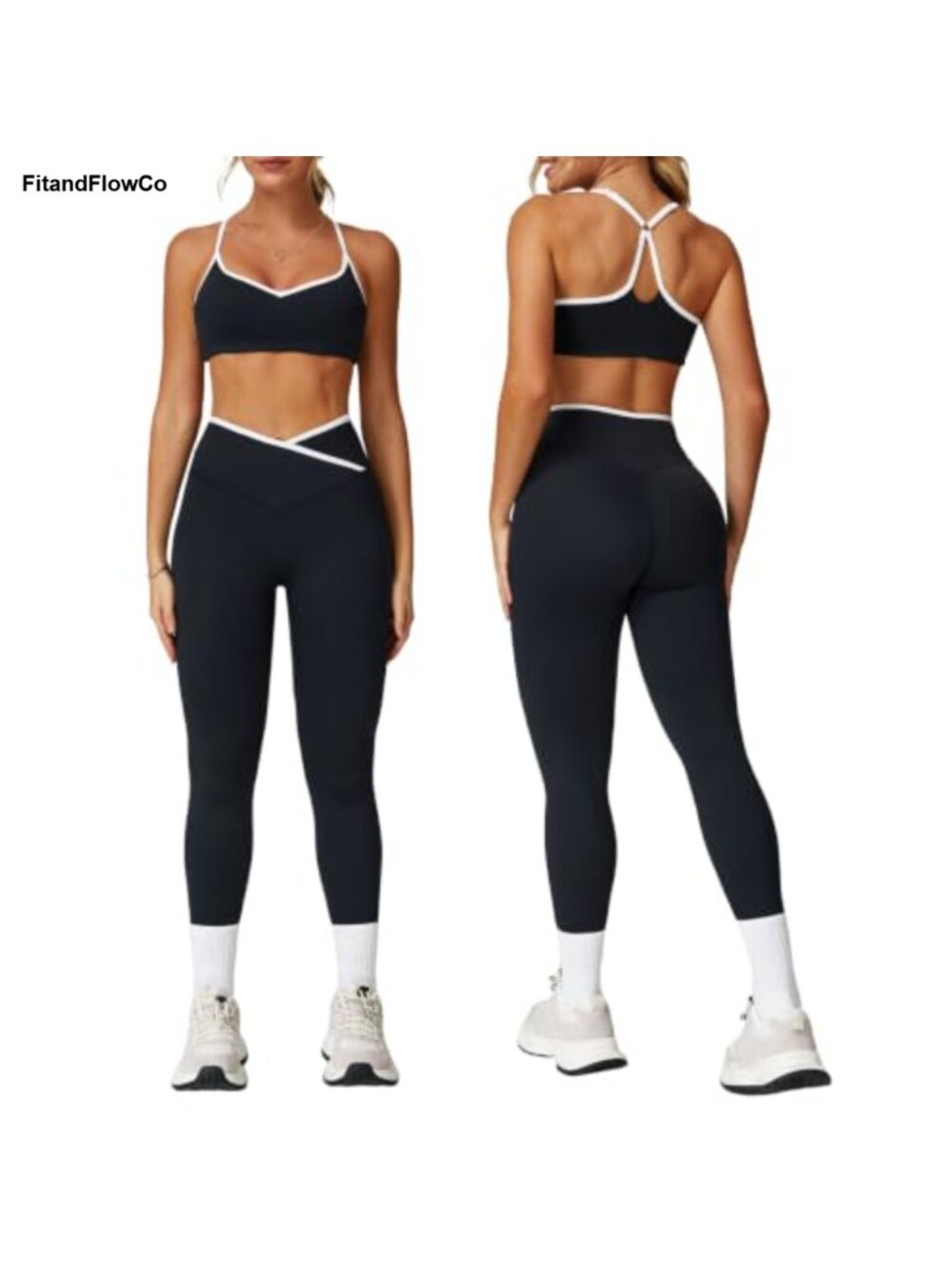 Color Block Strappy Sports Bra & Crossover Leggings Set